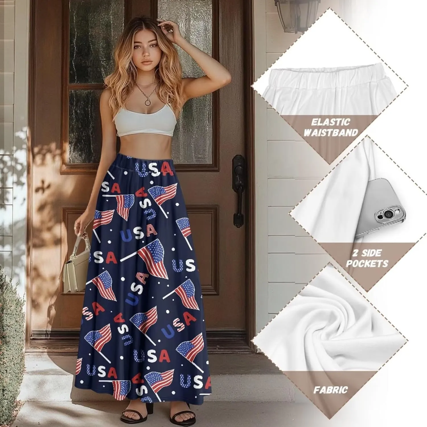 Women Summer Fashion Skirts with Pockets High Waist Pleated A-Line Flared Maxi Skirts Casual Long Skirt S-XXL