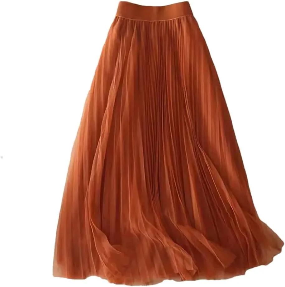 Women Summer Solid Color Pleated Mesh Skirt High Waisted Shirring Slim Casual Korean Lady Midi Skirts
