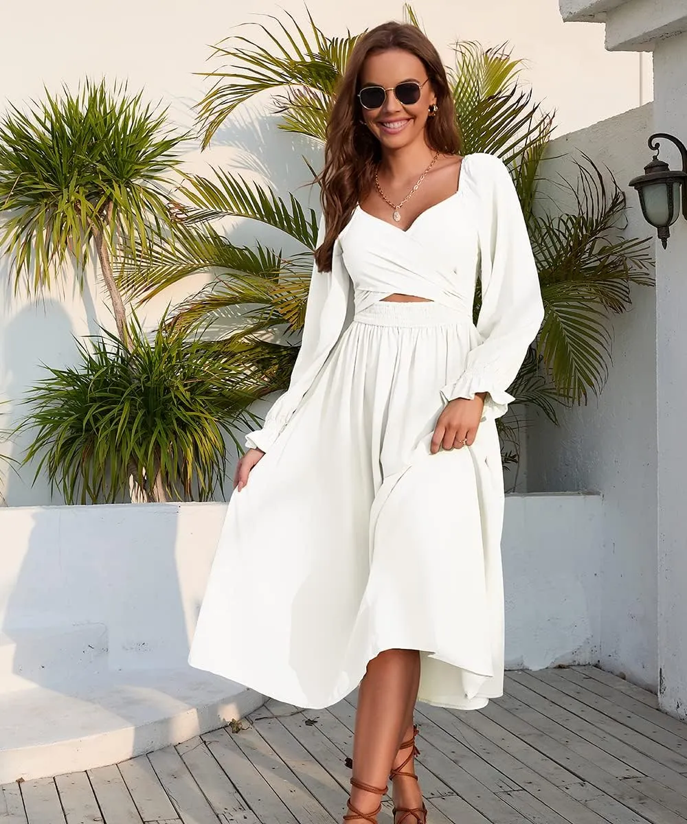 Women Tie Back Long Puff Sleeve Dress Sage Ruffle Wrap Reversible Flowy Casual Midi Dress with Pocket for Party Wedding Beach
