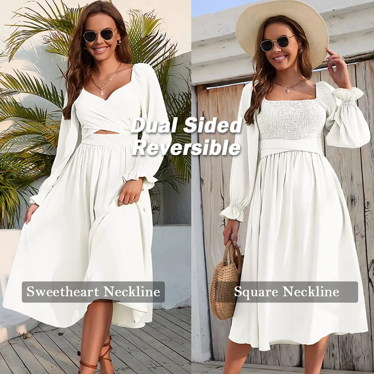 Women Tie Back Long Puff Sleeve Dress Sage Ruffle Wrap Reversible Flowy Casual Midi Dress with Pocket for Party Wedding Beach