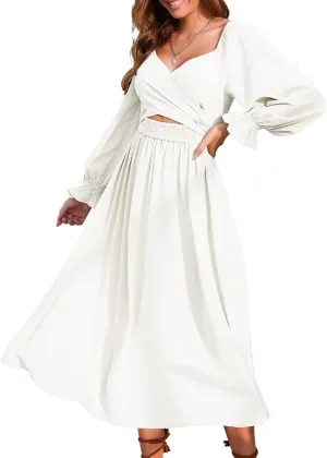 Women Tie Back Long Puff Sleeve Dress Sage Ruffle Wrap Reversible Flowy Casual Midi Dress with Pocket for Party Wedding Beach