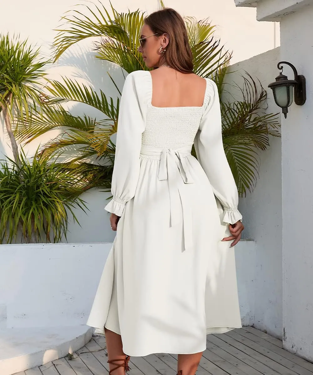 Women Tie Back Long Puff Sleeve Dress Sage Ruffle Wrap Reversible Flowy Casual Midi Dress with Pocket for Party Wedding Beach