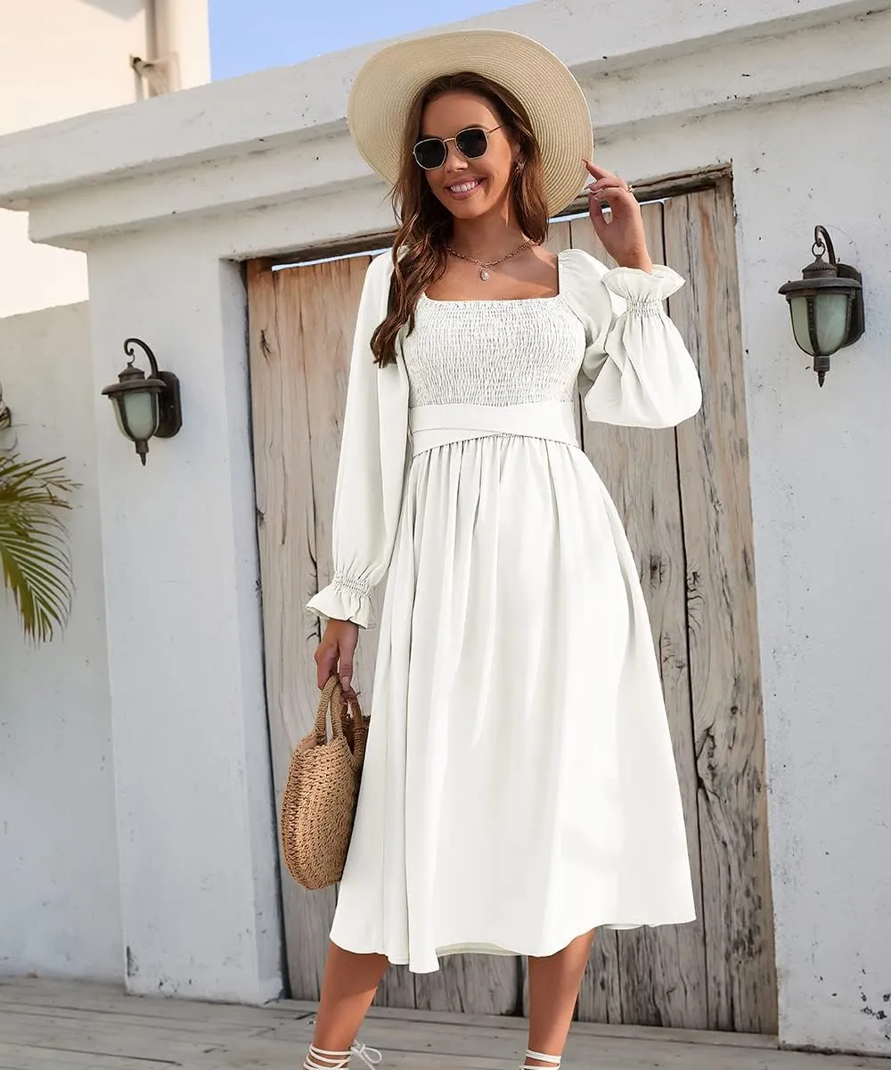 Women Tie Back Long Puff Sleeve Dress Sage Ruffle Wrap Reversible Flowy Casual Midi Dress with Pocket for Party Wedding Beach