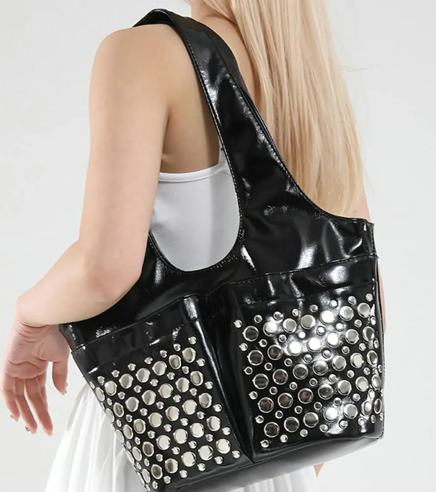 Women Tote Bag 2025 Fashion Studs Mini Shoulder Bag Polka Dot Studded Underarm Small Bucket Purse 2 Front Pockets