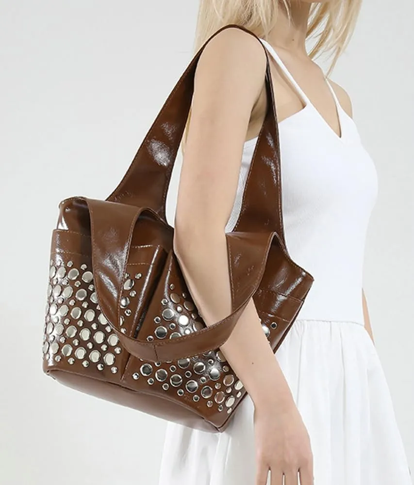 Women Tote Bag 2025 Fashion Studs Mini Shoulder Bag Polka Dot Studded Underarm Small Bucket Purse 2 Front Pockets