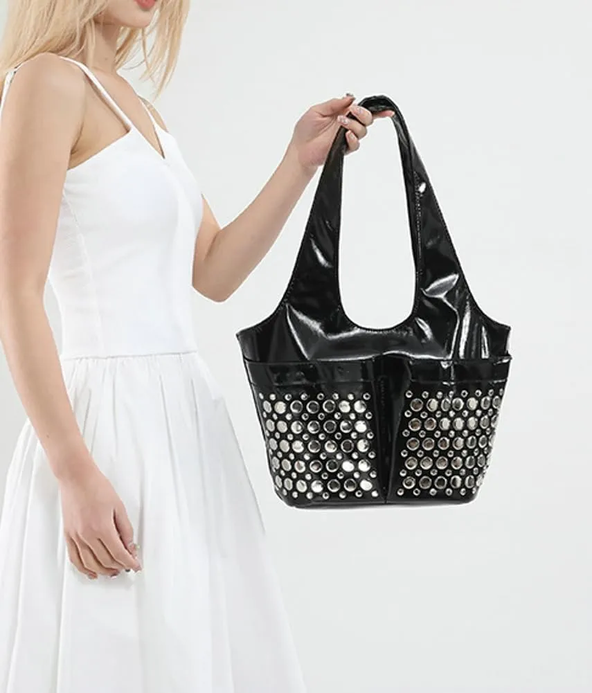 Women Tote Bag 2025 Fashion Studs Mini Shoulder Bag Polka Dot Studded Underarm Small Bucket Purse 2 Front Pockets
