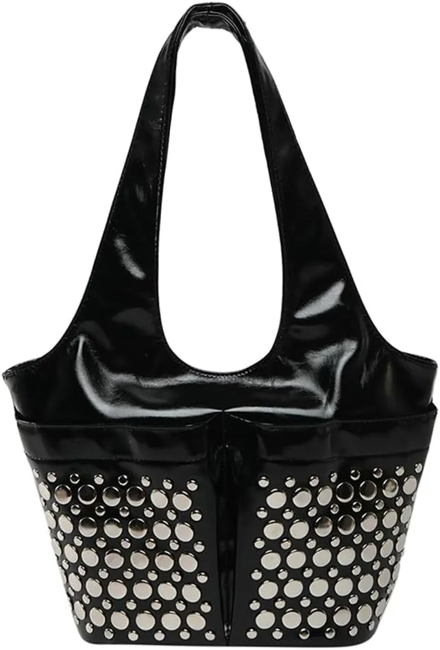 Women Tote Bag 2025 Fashion Studs Mini Shoulder Bag Polka Dot Studded Underarm Small Bucket Purse 2 Front Pockets
