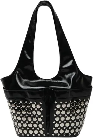 Women Tote Bag 2025 Fashion Studs Mini Shoulder Bag Polka Dot Studded Underarm Small Bucket Purse 2 Front Pockets