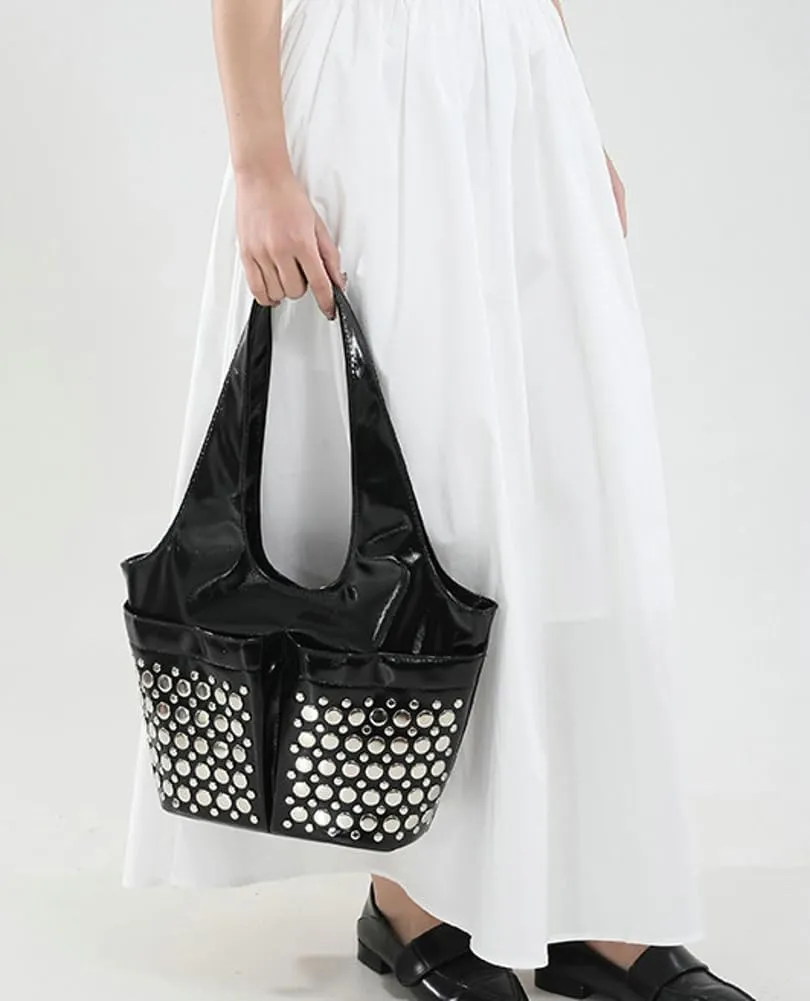 Women Tote Bag 2025 Fashion Studs Mini Shoulder Bag Polka Dot Studded Underarm Small Bucket Purse 2 Front Pockets