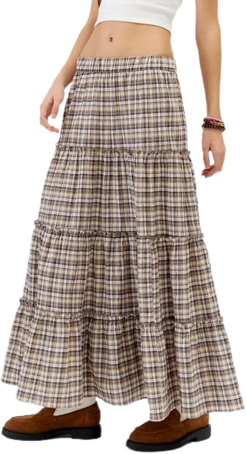 Women Y2K Plaid Tiered Maxi Skirts Elastic High Waist Gingham Pleated Long Skirt Vintage Flowy A Line Swing Skirts