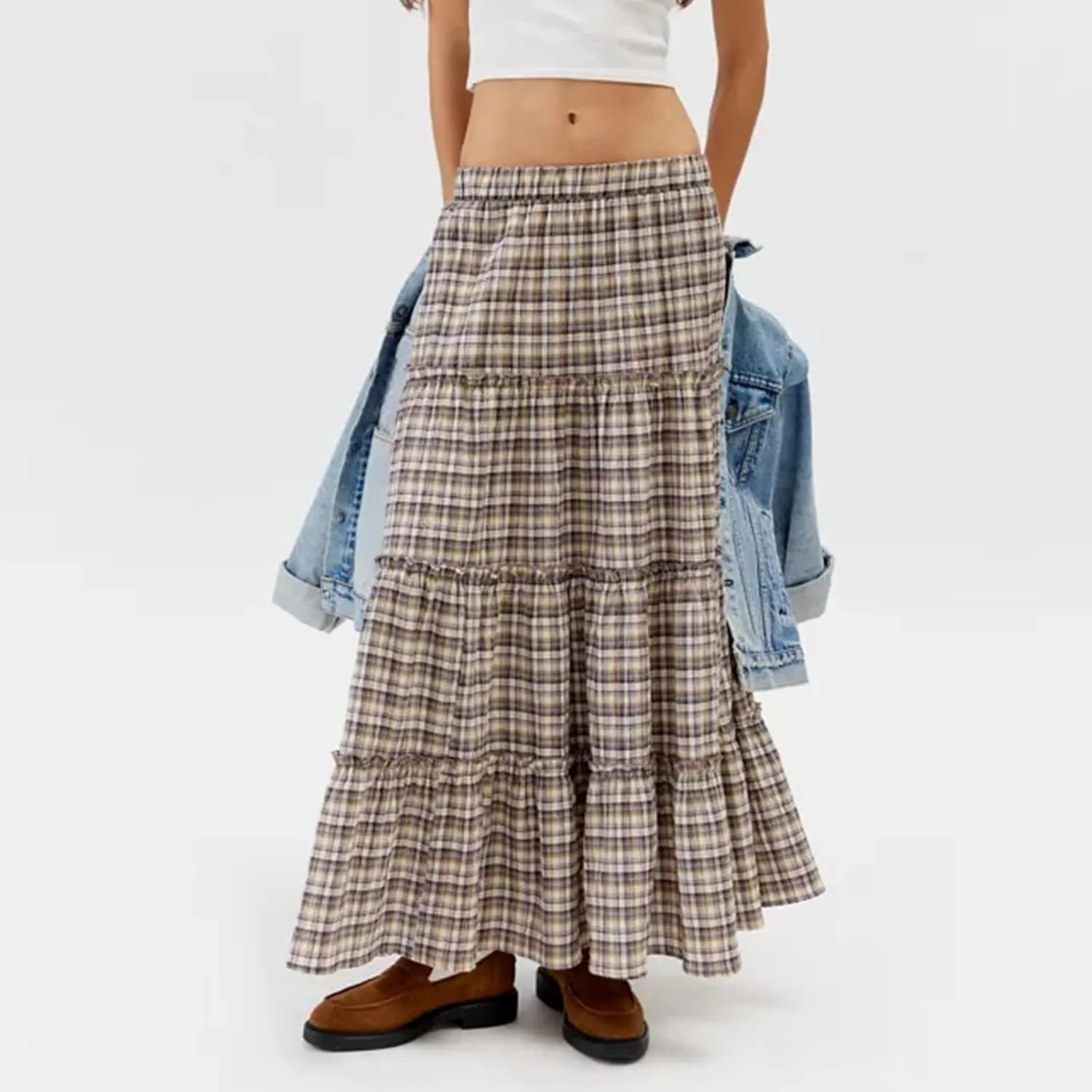 Women Y2K Plaid Tiered Maxi Skirts Elastic High Waist Gingham Pleated Long Skirt Vintage Flowy A Line Swing Skirts