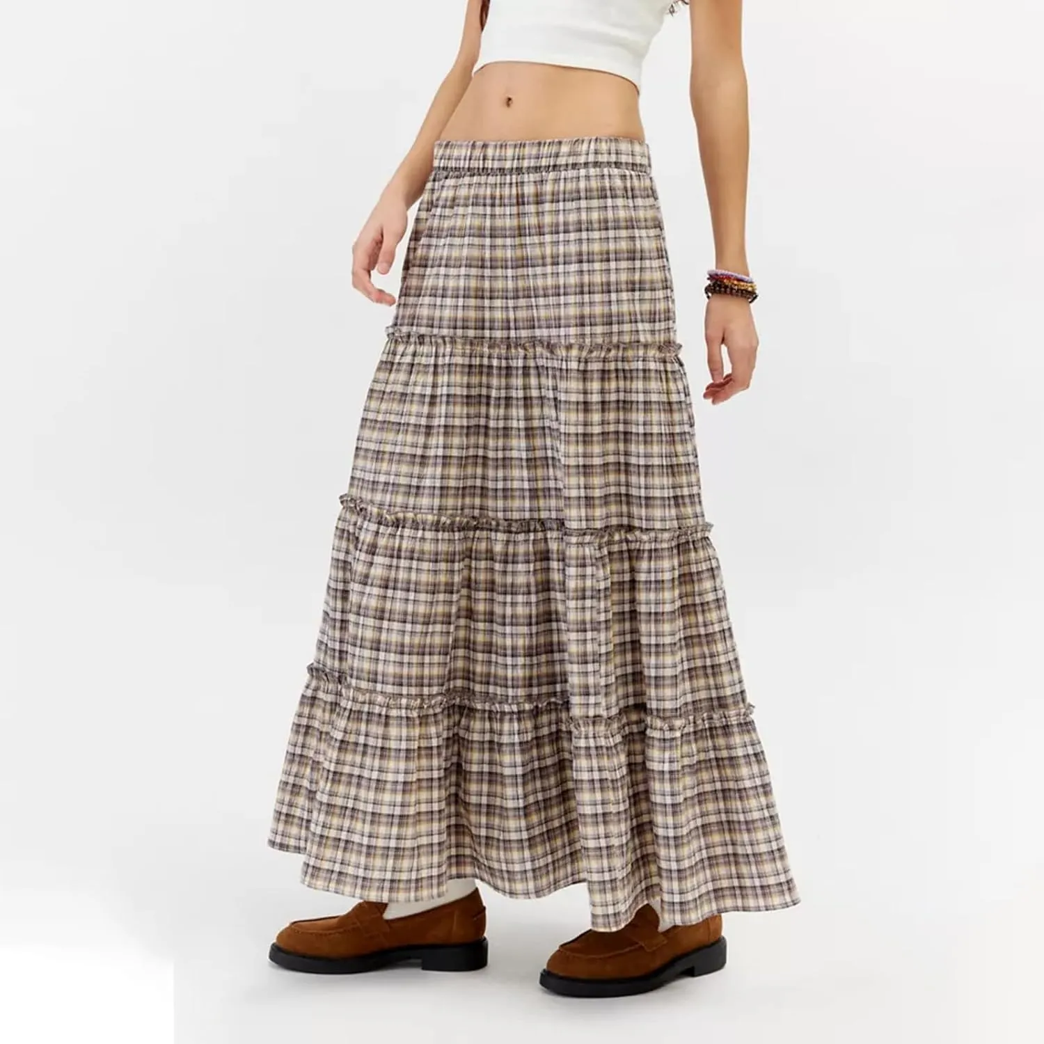 Women Y2K Plaid Tiered Maxi Skirts Elastic High Waist Gingham Pleated Long Skirt Vintage Flowy A Line Swing Skirts