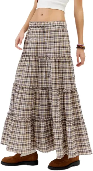 Women Y2K Plaid Tiered Maxi Skirts Elastic High Waist Gingham Pleated Long Skirt Vintage Flowy A Line Swing Skirts