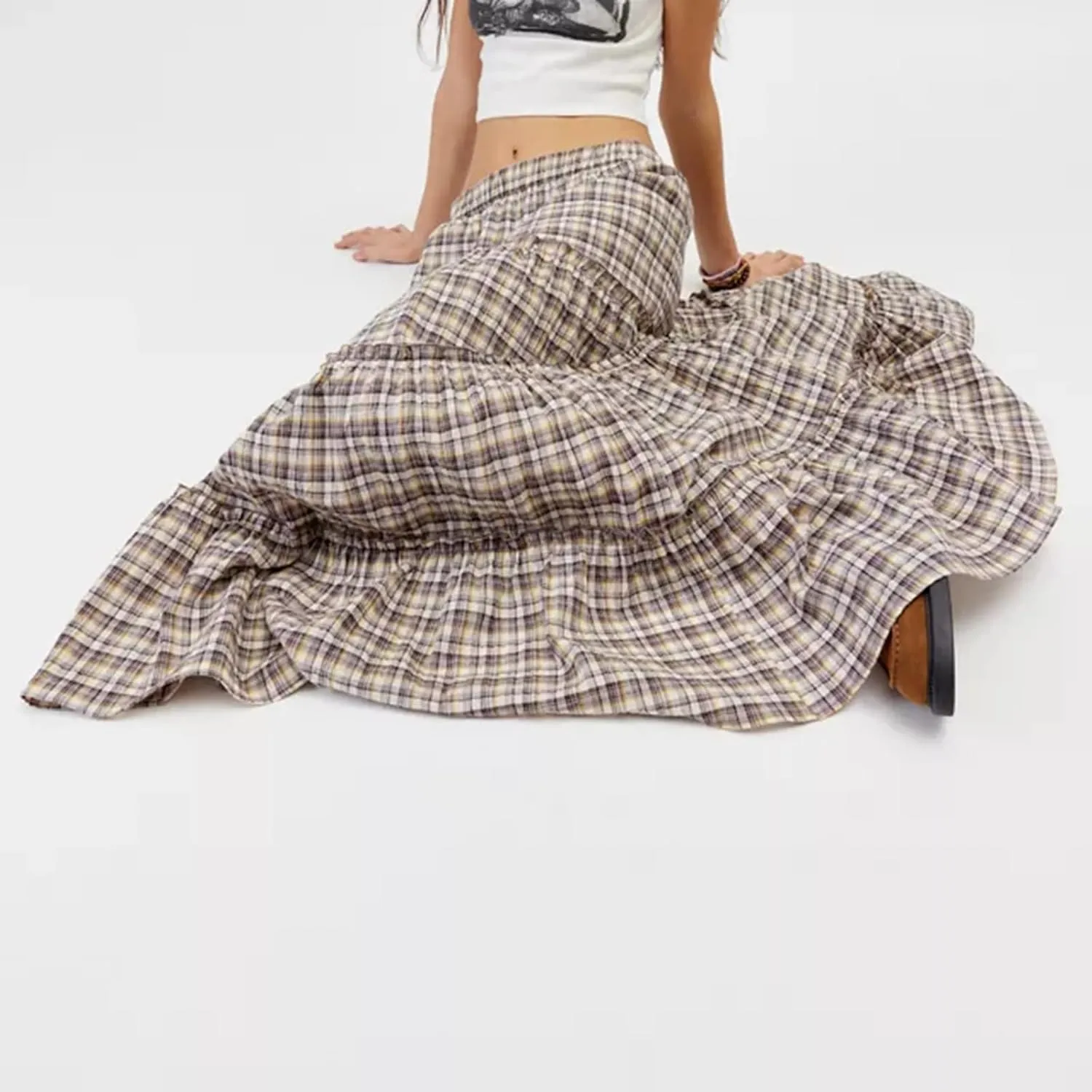 Women Y2K Plaid Tiered Maxi Skirts Elastic High Waist Gingham Pleated Long Skirt Vintage Flowy A Line Swing Skirts