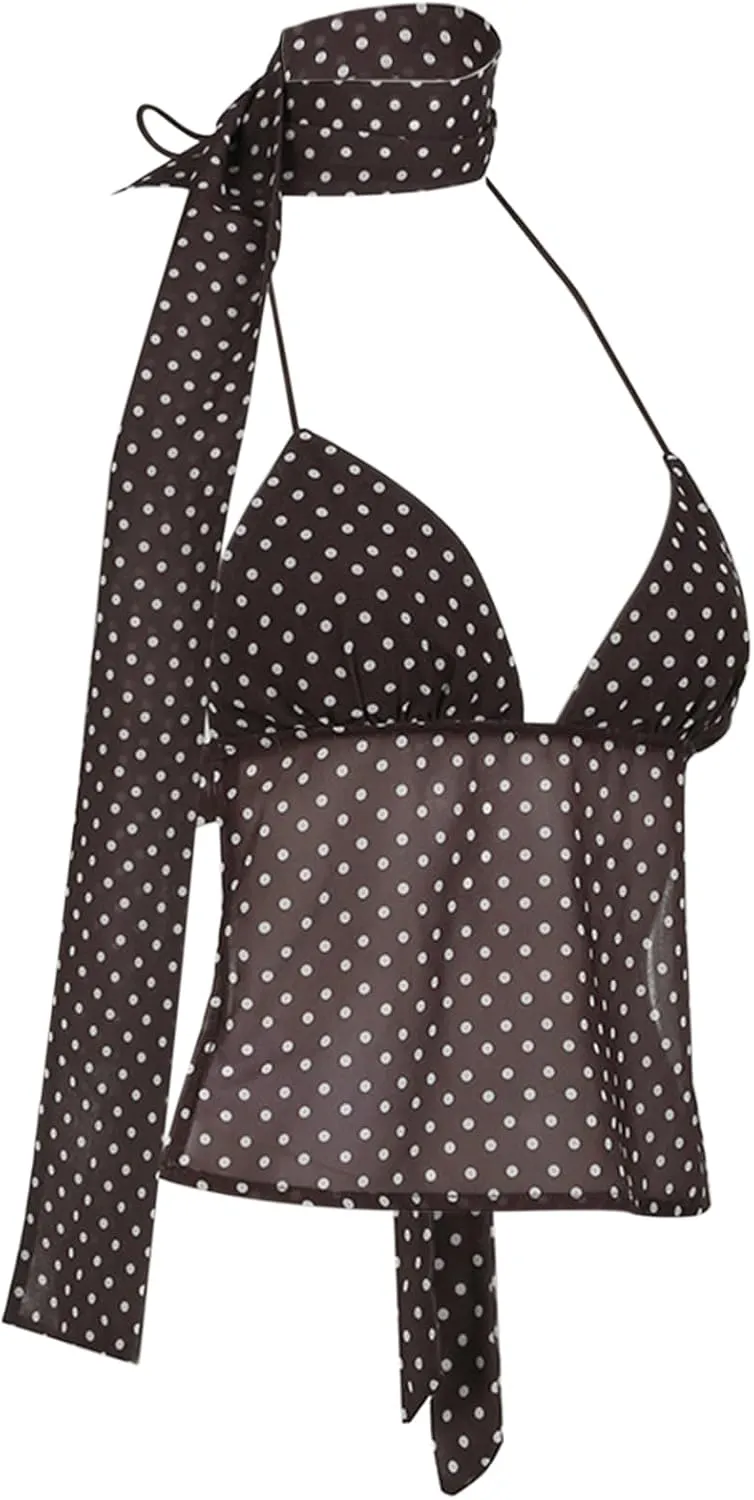 Women Y2K Polka Dot Tank Tops Lace Trim Sleeveless V Neck Crop Top Sexy Backless Spaghetti Strap Camisole Going Out Cami