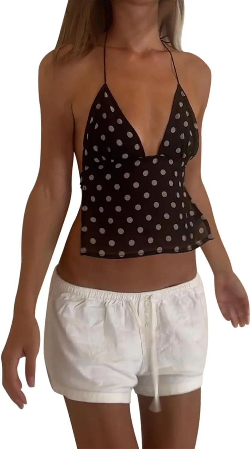 Women Y2K Polka Dot Tank Tops Lace Trim Sleeveless V Neck Crop Top Sexy Backless Spaghetti Strap Camisole Going Out Cami