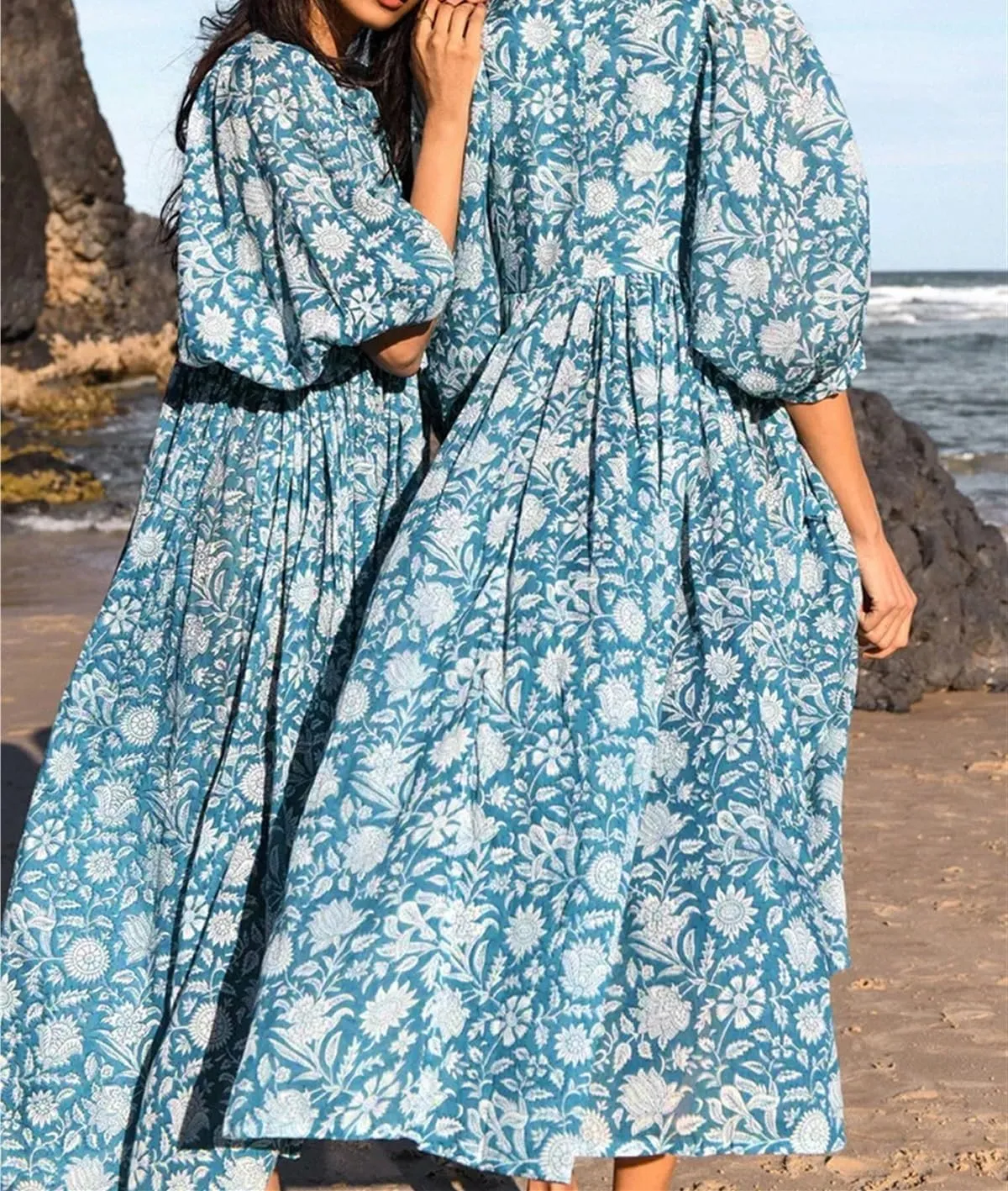 Womens Boho Sundress Summer Dresses V Neck Puff Sleeve Floral Flowy Swing Casual Dress Plus