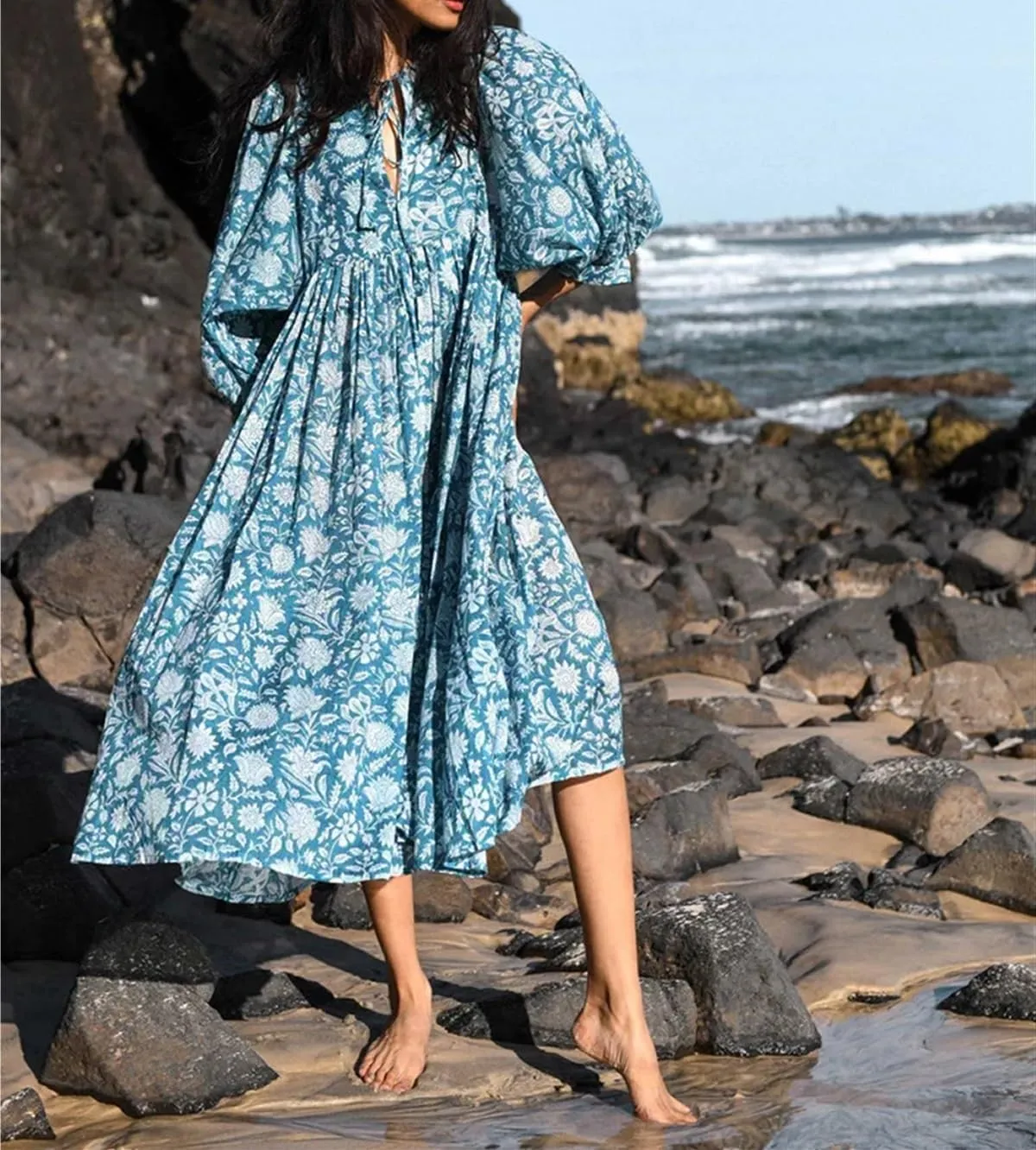 Womens Boho Sundress Summer Dresses V Neck Puff Sleeve Floral Flowy Swing Casual Dress Plus
