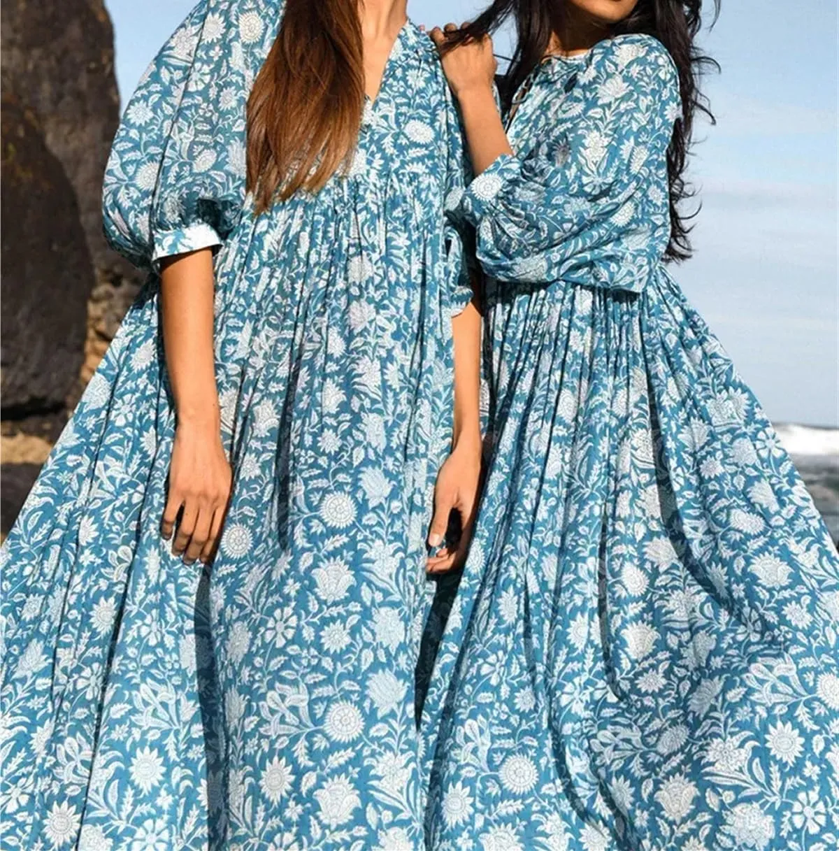 Womens Boho Sundress Summer Dresses V Neck Puff Sleeve Floral Flowy Swing Casual Dress Plus