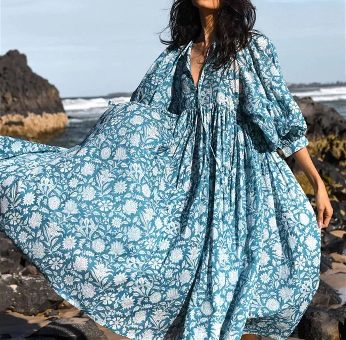 Womens Boho Sundress Summer Dresses V Neck Puff Sleeve Floral Flowy Swing Casual Dress Plus