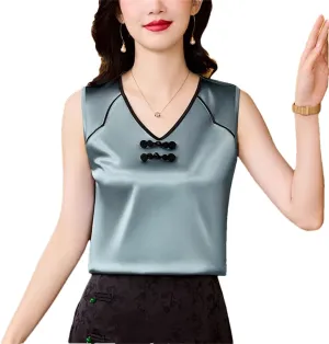 Women's Camisole Chinese Style Silk Satin Tank Tops Sleeveless Vest Shirt