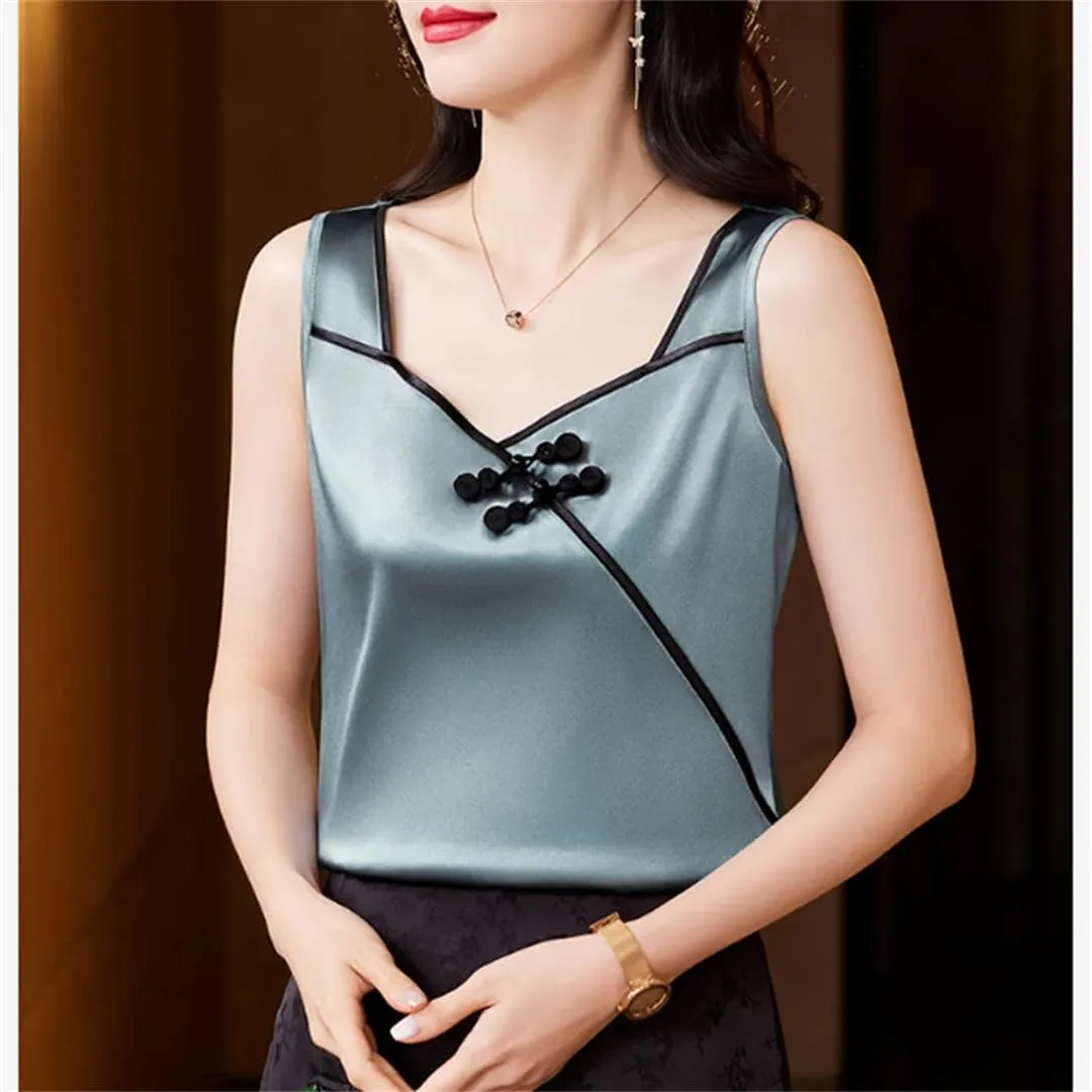 Women's Camisole Chinese Style Silk Satin Tank Tops Sleeveless Vest Shirt