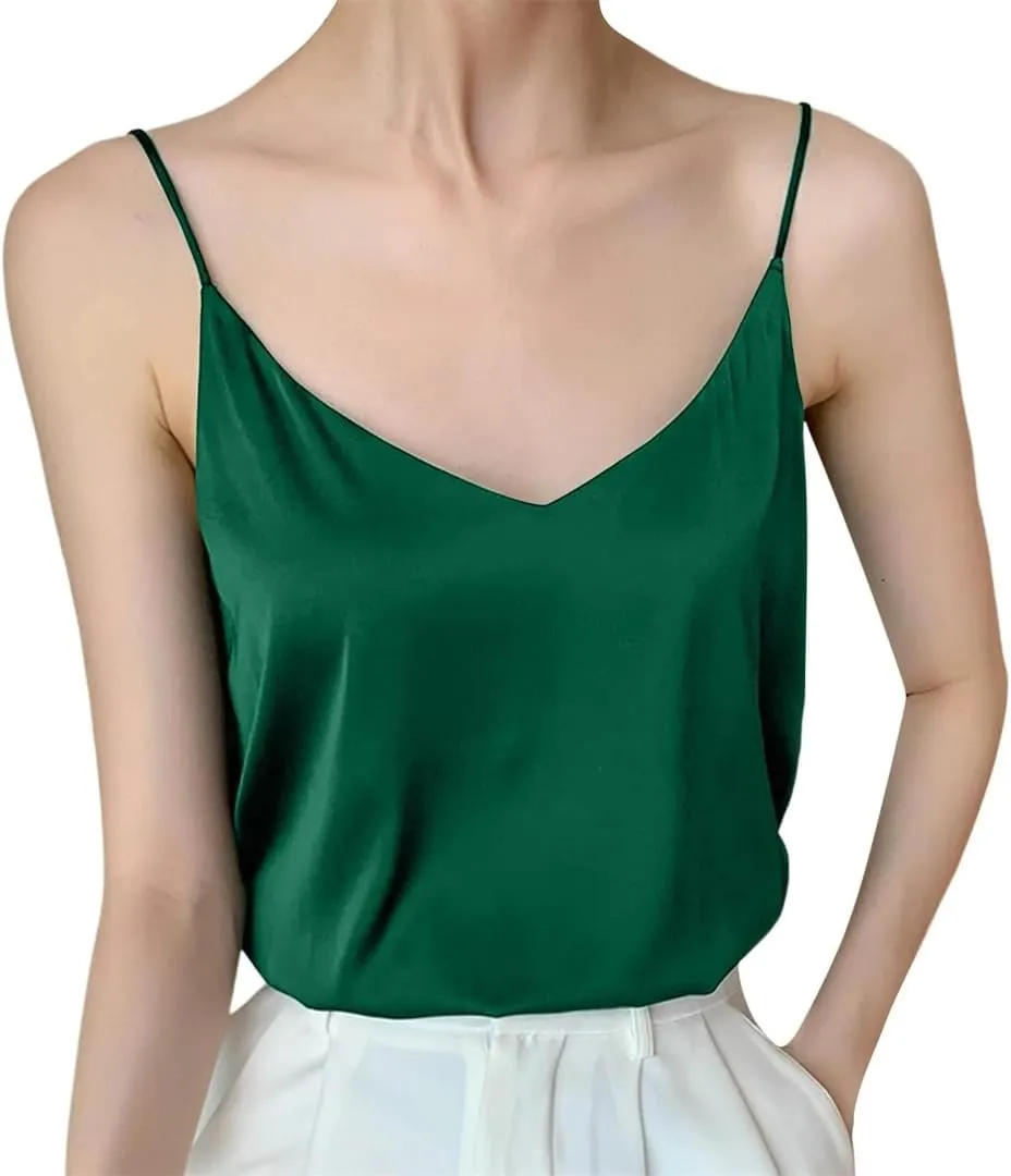 Women's Camisole V Neck Satin Tank Top Sleeveless Sexy Spaghetti Strap Silk Vest