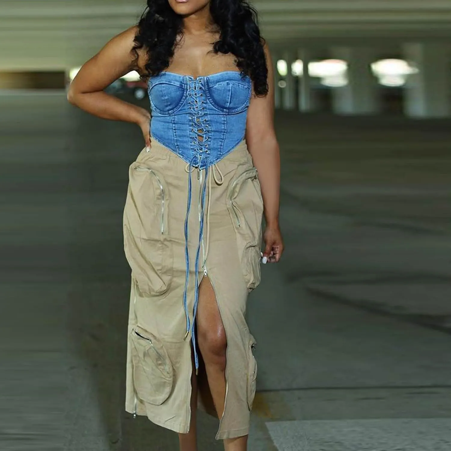 Women's Cargo Denim Long Skirt High Waisted Stretchy Jean Maxi Skirts Casual Y2K Cargo Skirt Jean with Front Slit