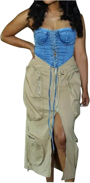 Women's Cargo Denim Long Skirt High Waisted Stretchy Jean Maxi Skirts Casual Y2K Cargo Skirt Jean with Front Slit