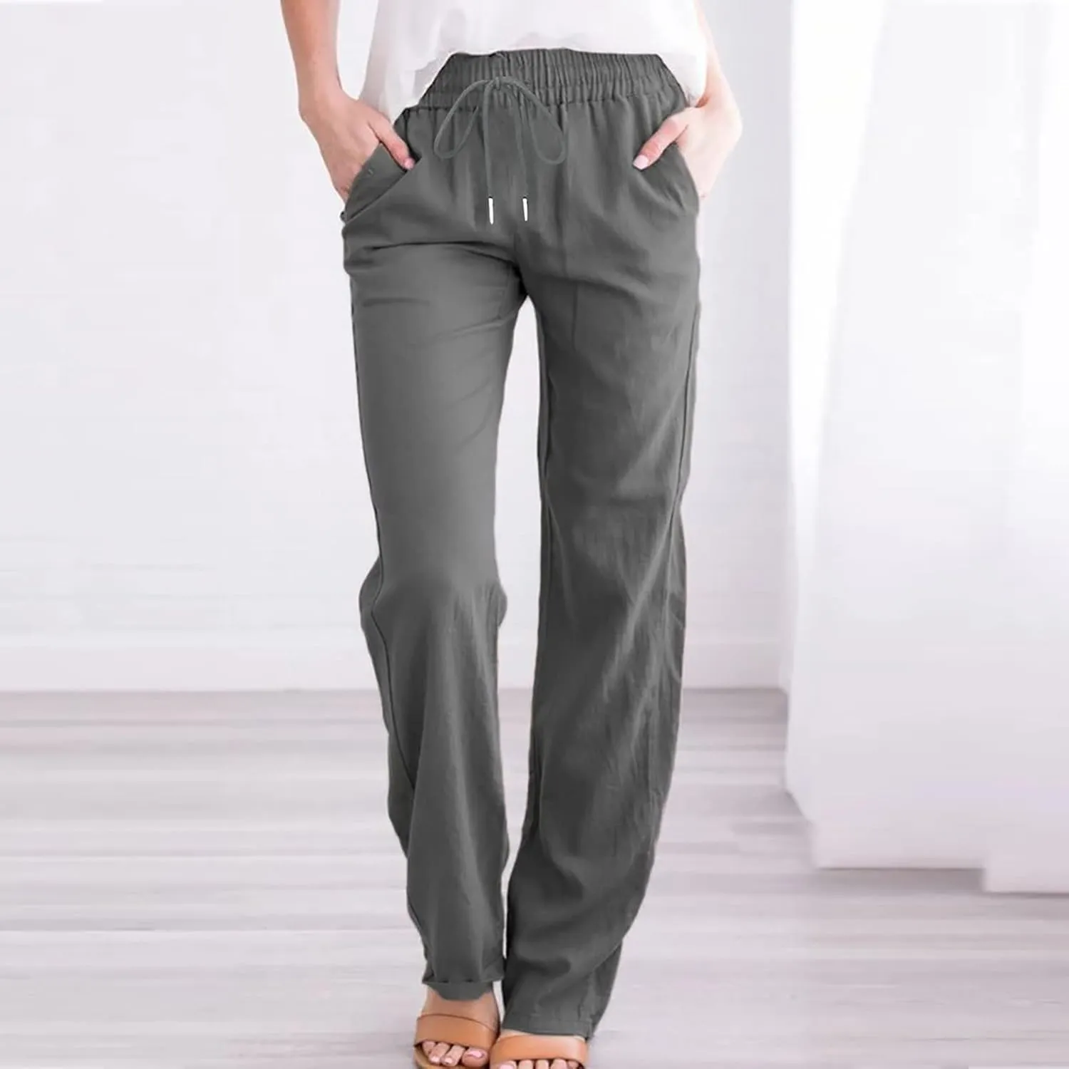 Womens Casual Cotton Linen Pants Plus Size Drawstring High Waist Pants Loose Fit Summer Pants Trousers with Pockets