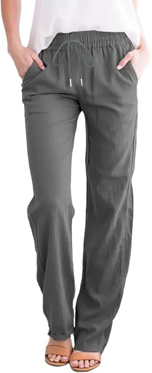 Womens Casual Cotton Linen Pants Plus Size Drawstring High Waist Pants Loose Fit Summer Pants Trousers with Pockets