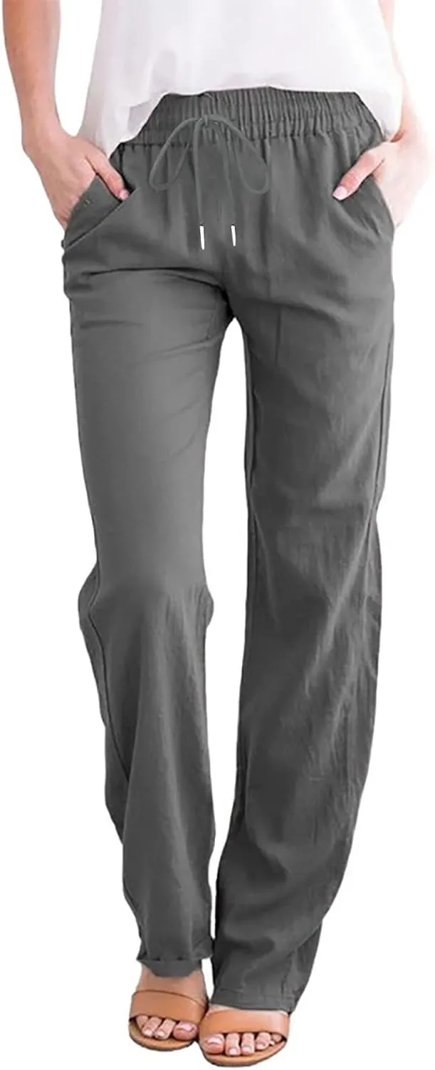Womens Casual Cotton Linen Pants Plus Size Drawstring High Waist Pants Loose Fit Summer Pants Trousers with Pockets