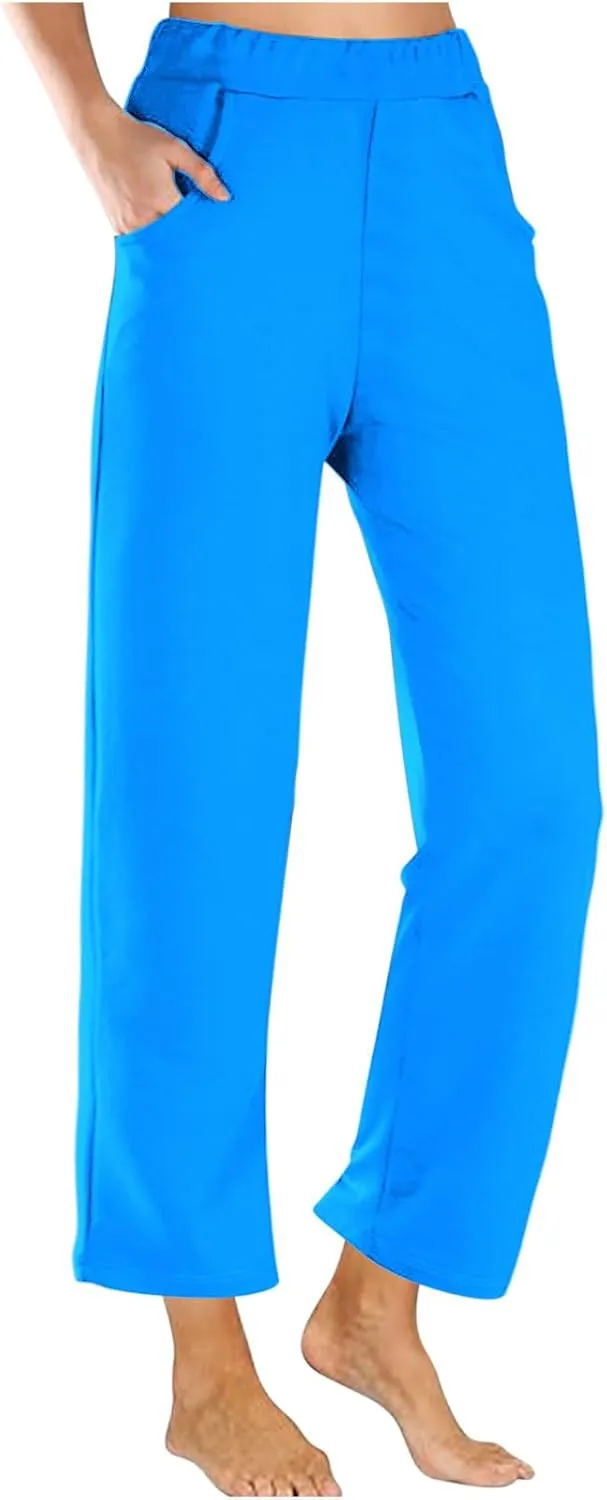 Womens Casual Cropped Pants 2024 Fashion Elastic Waist Wide Leg Crop Pants Summer Loose Beach Yoga Pants with Pockets