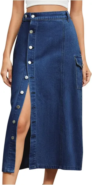 Women's Casual Denim Midi Jean Skirt Elastic High Waisted Button Up Slit Long Denim Skirts with Pockets