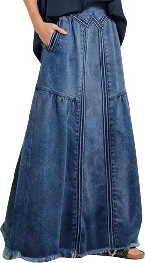 Women's Casual High Waist Denim Skirt Slim Fit A Line Jean Skirt Loose Pull On Maxi Skirt with Pockets