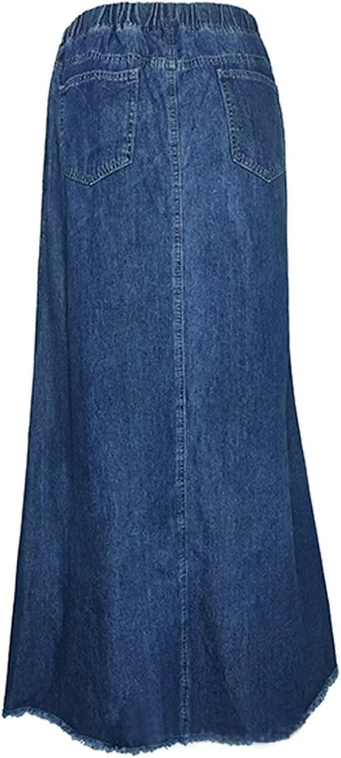 Women's Casual High Waist Denim Skirt Slim Fit A Line Jean Skirt Loose Pull On Maxi Skirt with Pockets
