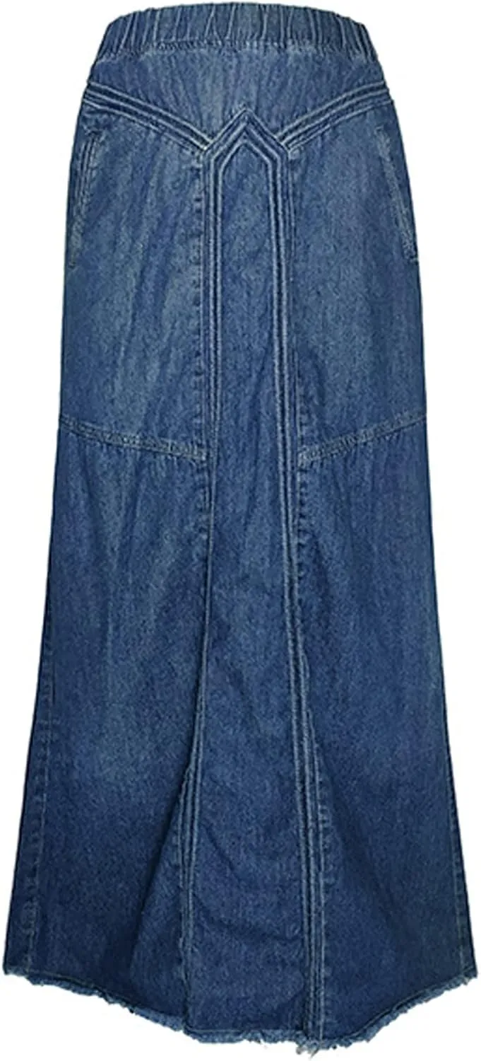 Women's Casual High Waist Denim Skirt Slim Fit A Line Jean Skirt Loose Pull On Maxi Skirt with Pockets