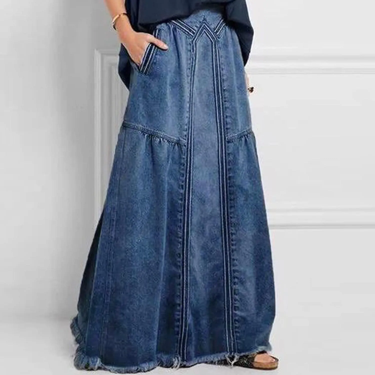 Women's Casual High Waist Denim Skirt Slim Fit A Line Jean Skirt Loose Pull On Maxi Skirt with Pockets