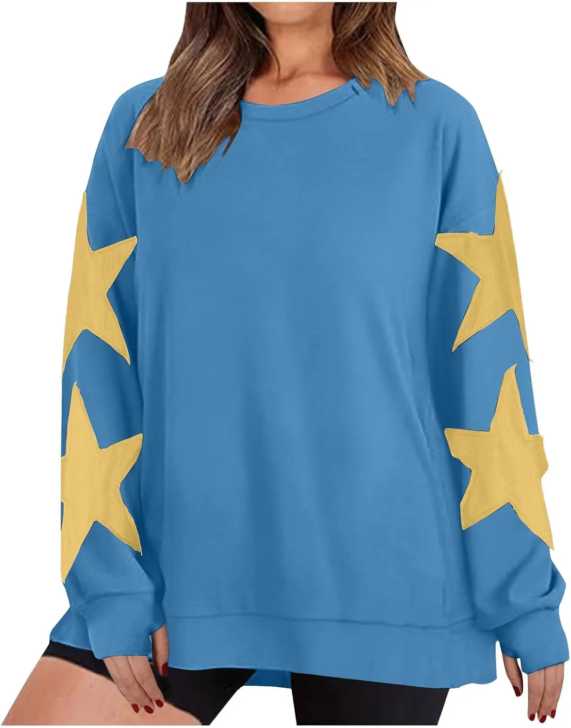 Women's Casual Loose Color Matching Round Neck Long Sleeved T-shirt Loose Top Long Sleeved Round Neck Star Tops