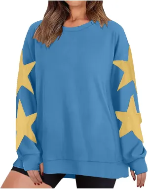 Women's Casual Loose Color Matching Round Neck Long Sleeved T-shirt Loose Top Long Sleeved Round Neck Star Tops