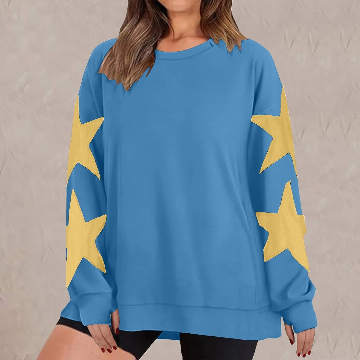 Women's Casual Loose Color Matching Round Neck Long Sleeved T-shirt Loose Top Long Sleeved Round Neck Star Tops
