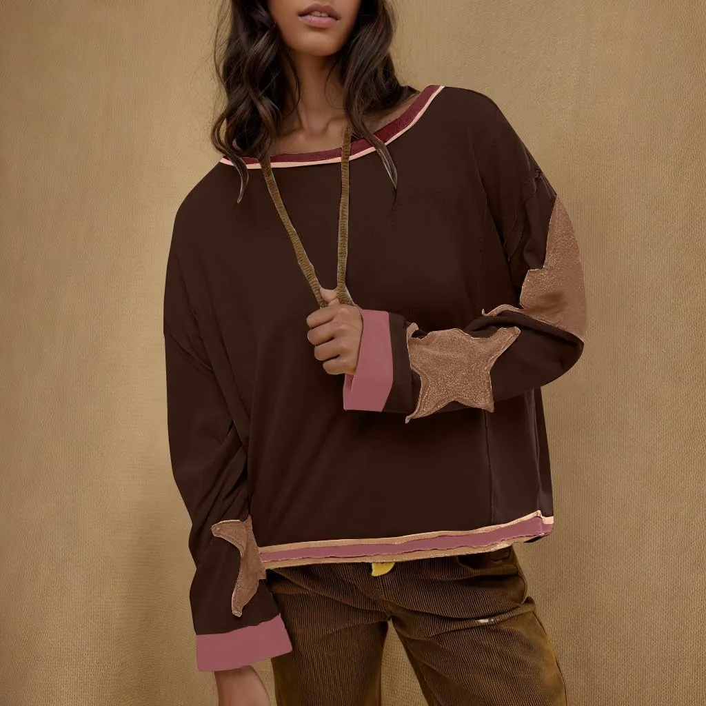 Women's Casual Loose Color Matching Round Neck Long Sleeved T-shirt Loose Top Long Sleeved Round Neck Star Tops