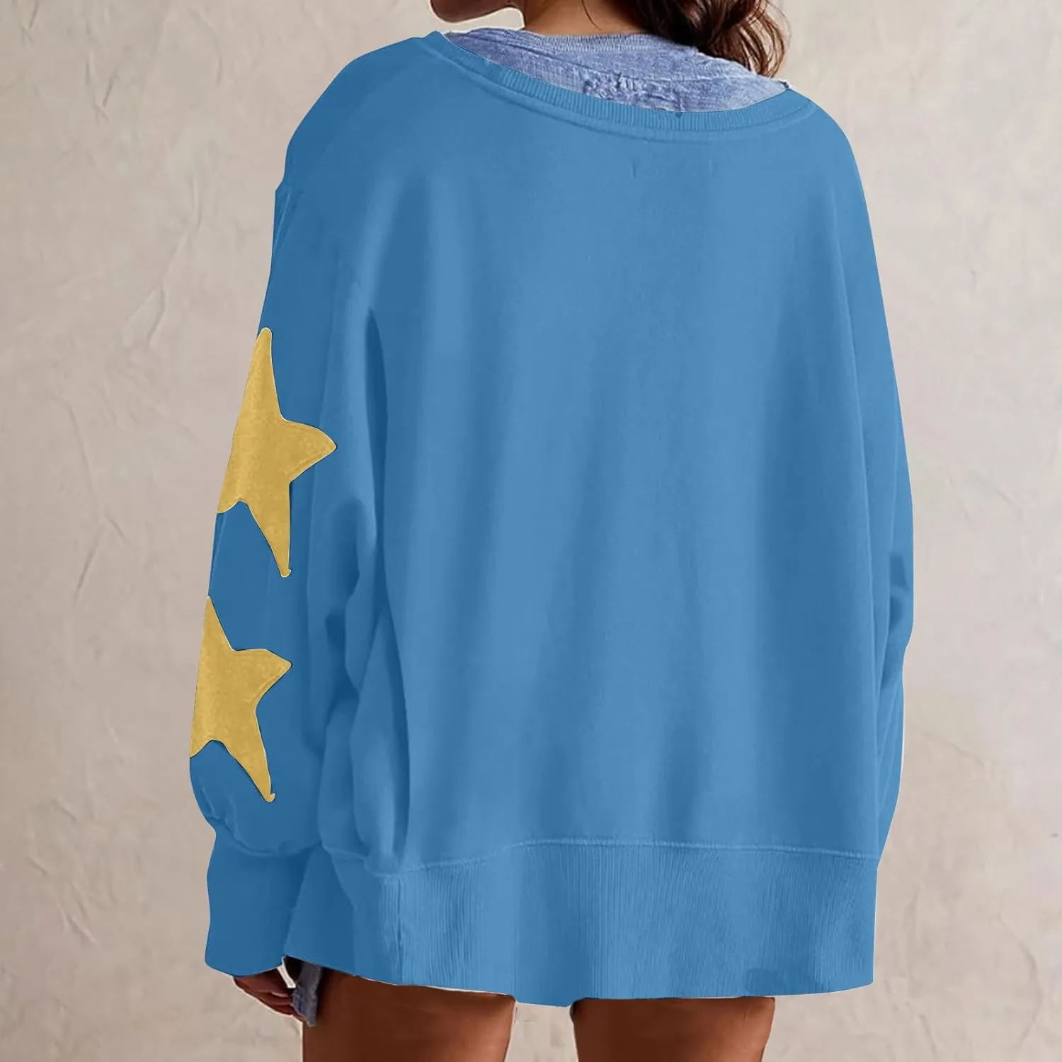 Women's Casual Loose Color Matching Round Neck Long Sleeved T-shirt Loose Top Long Sleeved Round Neck Star Tops