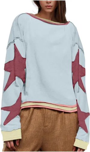 Women's Casual Loose Color Matching Round Neck Long Sleeved T-shirt Loose Top Long Sleeved Round Neck Star Tops