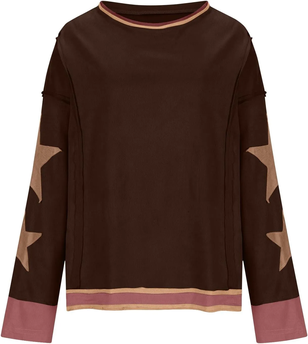 Women's Casual Loose Color Matching Round Neck Long Sleeved T-shirt Loose Top Long Sleeved Round Neck Star Tops