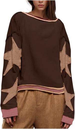 Women's Casual Loose Color Matching Round Neck Long Sleeved T-shirt Loose Top Long Sleeved Round Neck Star Tops