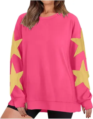 Women's Casual Loose Color Matching Round Neck Long Sleeved T-shirt Loose Top Long Sleeved Round Neck Star Tops