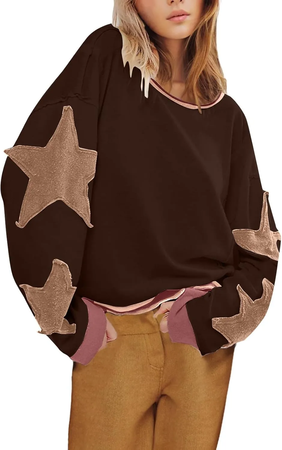 Women's Casual Loose Color Matching Round Neck Long Sleeved T-shirt Loose Top Long Sleeved Round Neck Star Tops