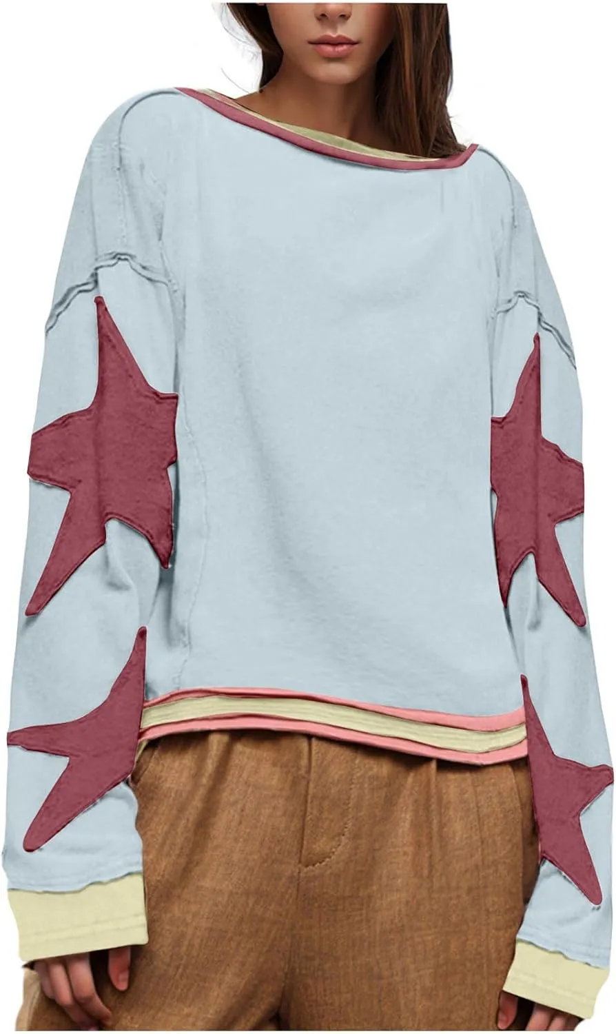 Women's Casual Loose Color Matching Round Neck Long Sleeved T-shirt Loose Top Long Sleeved Round Neck Star Tops