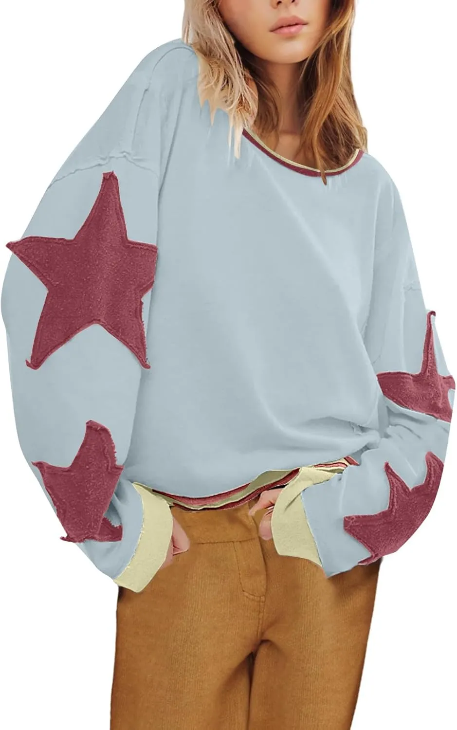 Women's Casual Loose Color Matching Round Neck Long Sleeved T-shirt Loose Top Long Sleeved Round Neck Star Tops